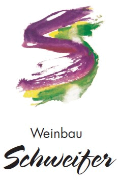 Logo Weinbau Schweifer — gemalter Pinselstrich in Violett, Grün und Gelb